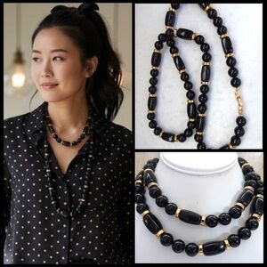 Napier Vintage Lucite Black Beaded Necklace & Classy Gold Tone Accents 30”